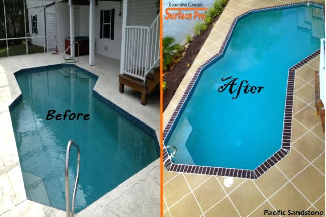 concrete pool deck resurface our decorative concrete overlay options are very natural in appearance photographed below is a pool deck resurfaced with our pacific sandstone on fort