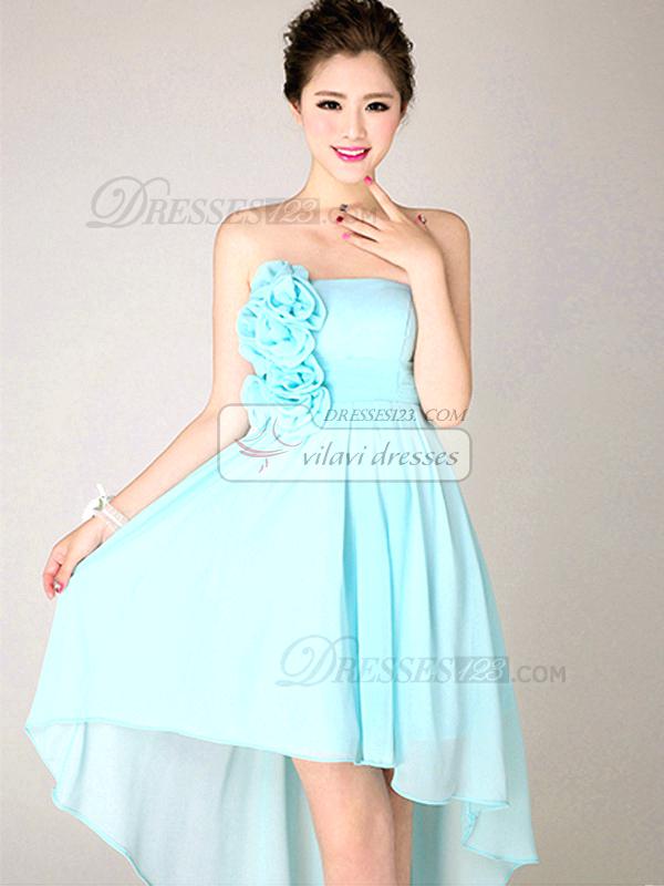 light teal color dresses a line strapless high low asymmetrical chiffon flower light sky blue bridesmaid dresses light teal blue prom dresses