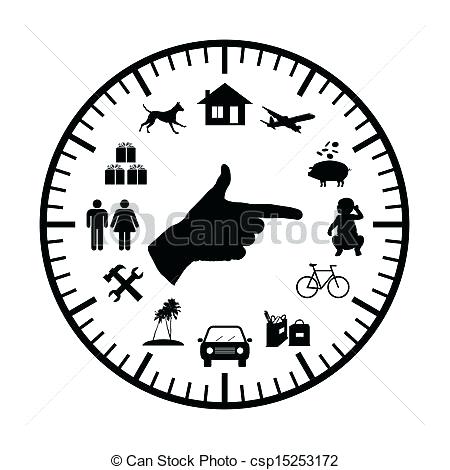 modern clock face clock with symbols of family expenses sources all over its face and a hand pointing to chosen ones